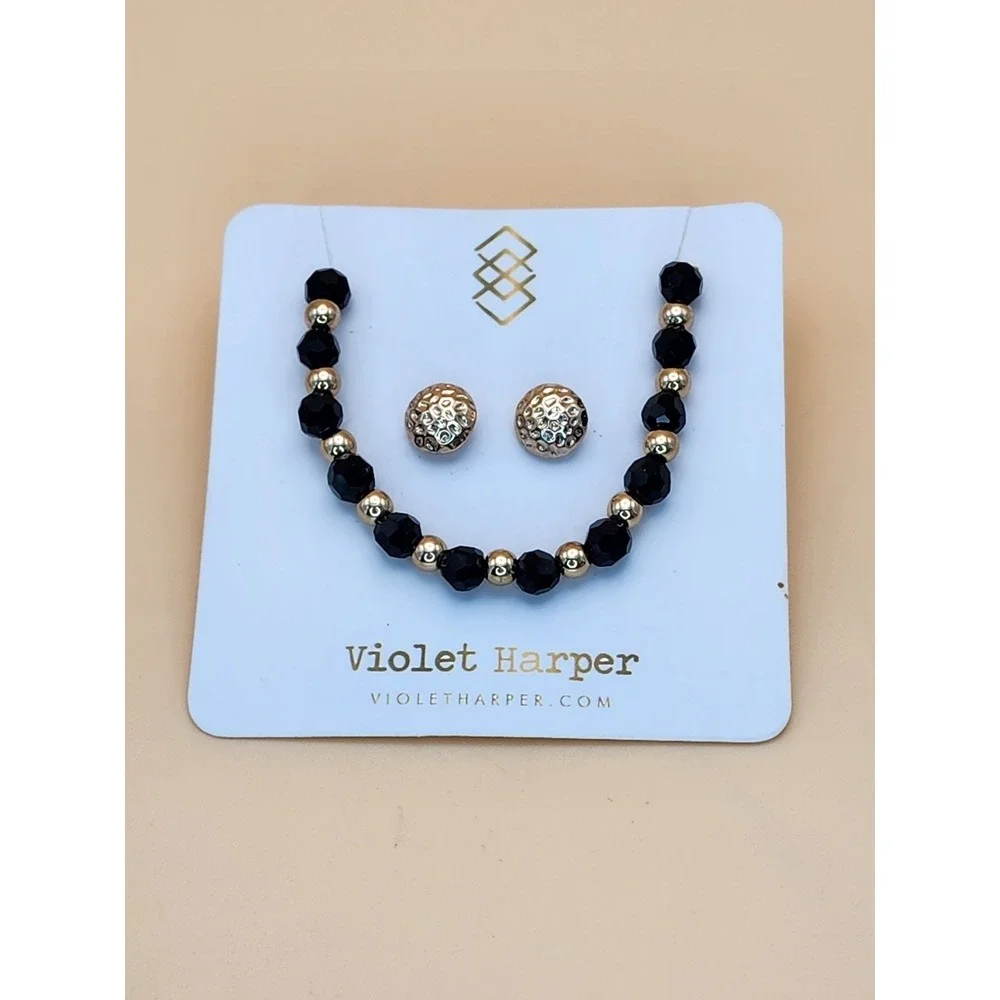New VIOLET HARPER Signed Black & Gold Textured Necklace & Earrings Set FREE $HIP